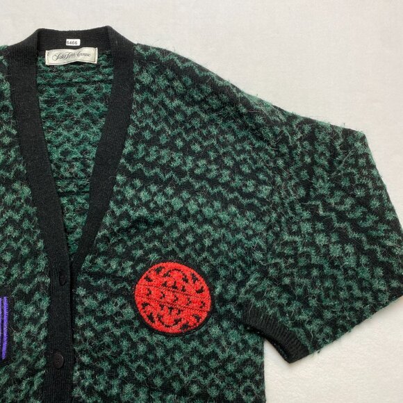 VINTAGE Saks Fifth Avenue Cardigan Sweater Patches WomensXL Green Mohair 80s - Picture 3 of 11
